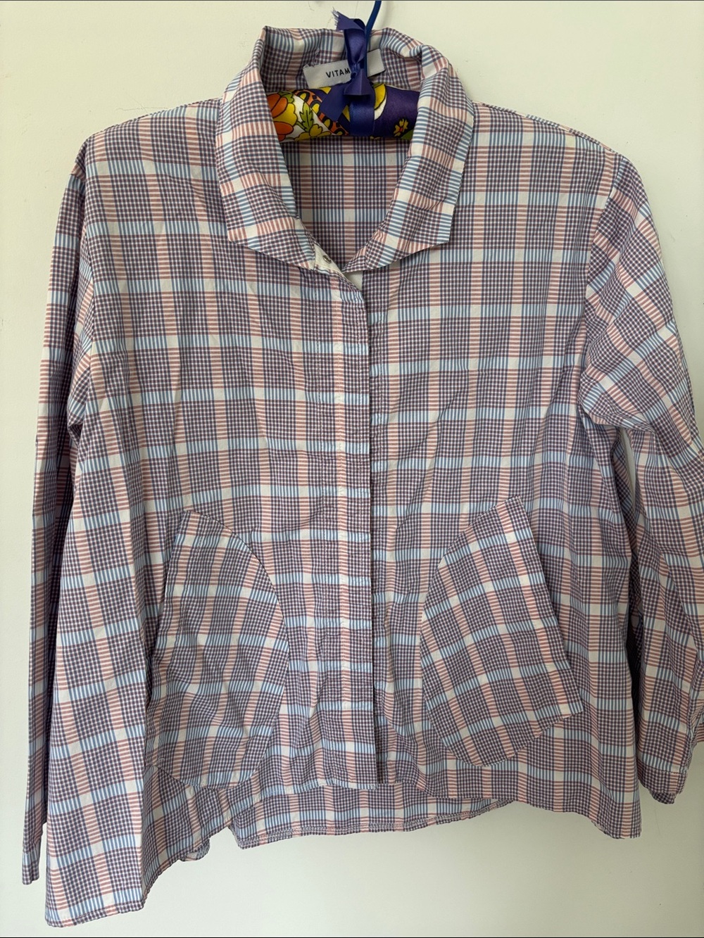 Vitamin cotton blouse, snap buttons, wide bottom,blue/white/red plaid. size S